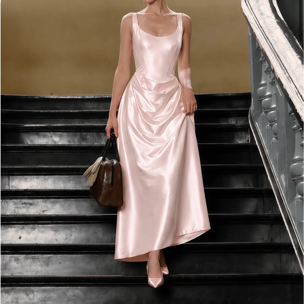 Fiona Pink Satin Square Neck Maxi Dress